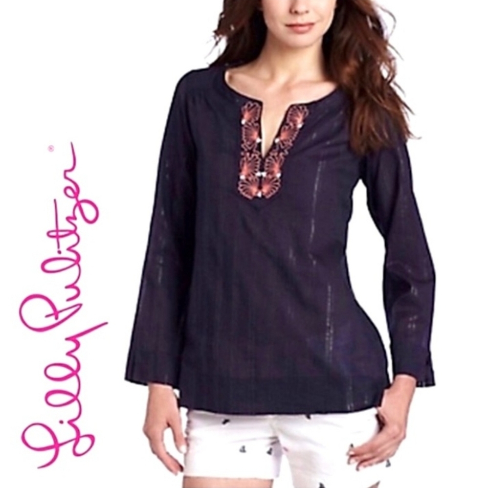 Lilly Pulitzer Thandie Popover Embroidered Tunic Top V-Neck Navy Blue Me…